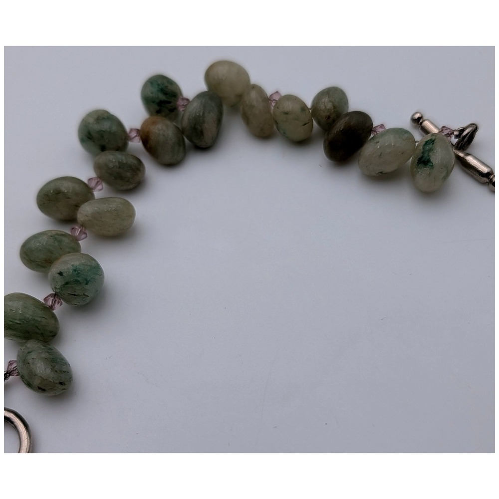 Green Moss Agate Beaded Bracelet Pink Crystal Accents Silver Tone Toggle Clasp